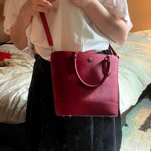 Tory Burch Red Pebbled Leather Crossbody Bucket Bag and wallet